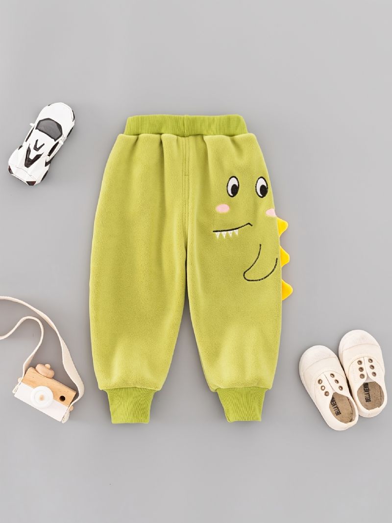 Baby Gutter Polar Fleece Joggebukser Elastisk Midje Dinosaur Brodert Tykket Varm Sport Jogger Bukser Vinter Barneklær