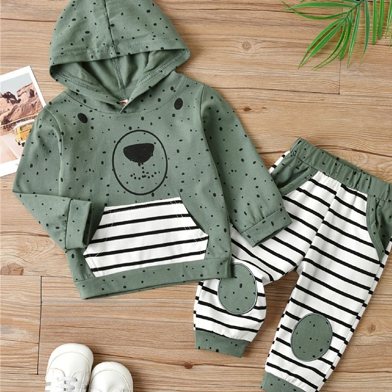 Baby Polka Dots Print Hettegenser Langermet Sweatshirt Og Stripete Buksesett Gutter Jenter