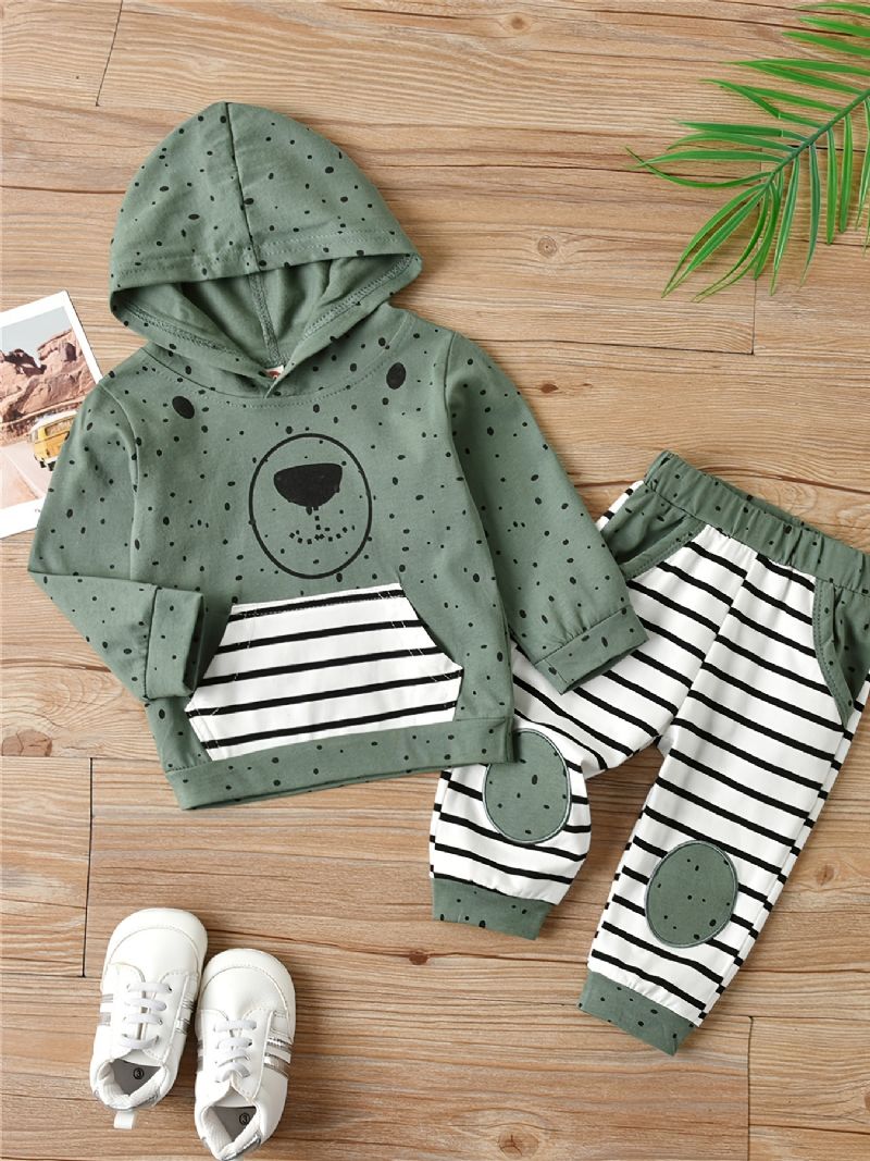 Baby Polka Dots Print Hettegenser Langermet Sweatshirt Og Stripete Buksesett Gutter Jenter