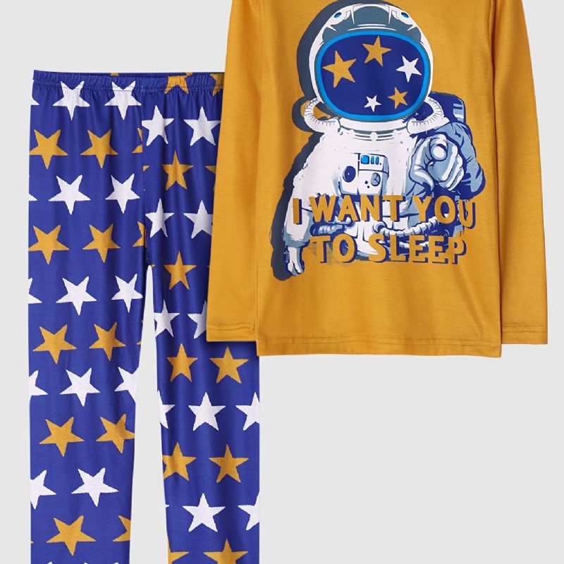 Barn Gutter Pyjamas Astronaut Print Rund Hals Langermet Topp & Buksesett