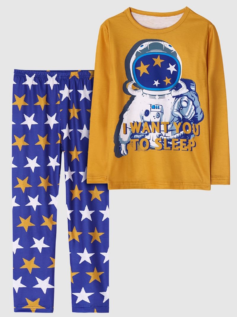 Barn Gutter Pyjamas Astronaut Print Rund Hals Langermet Topp & Buksesett