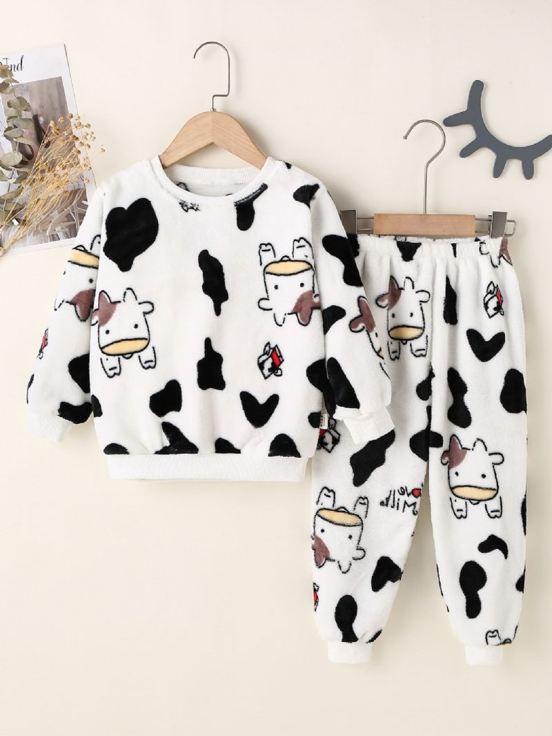 Gutter Cow Print Langermet & Bukser Set Lounge Wear Homewear Barneklær Til Vinteren