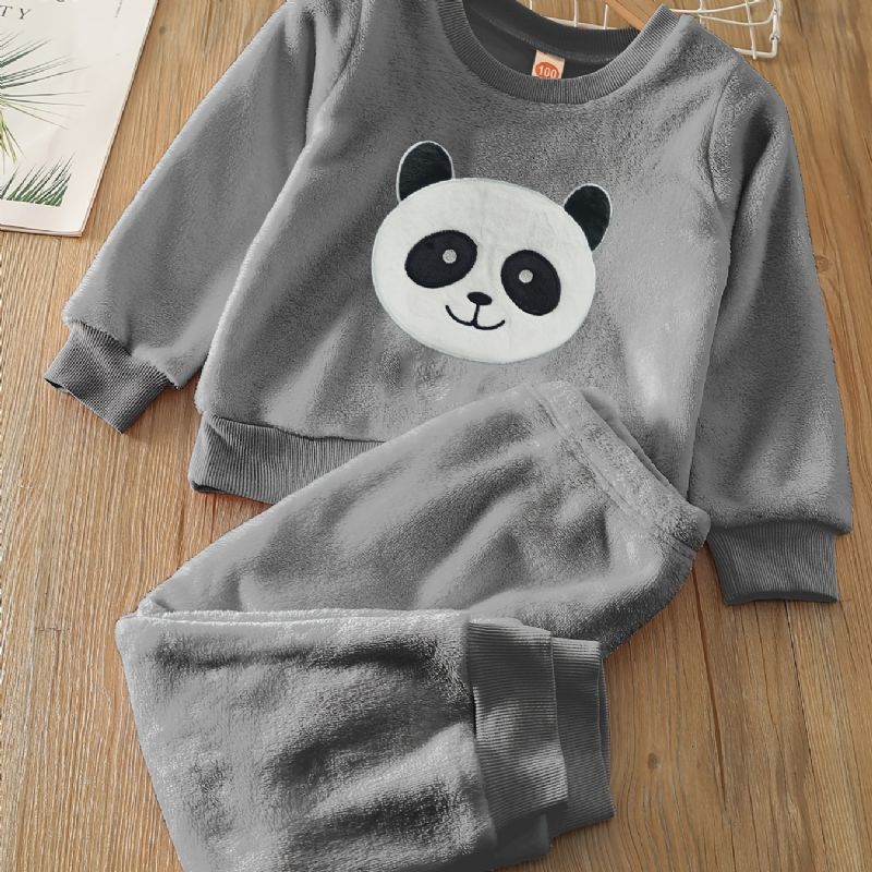 Gutter Fleece Panda Langermet Pullover Topp + Buksesett Barneklær