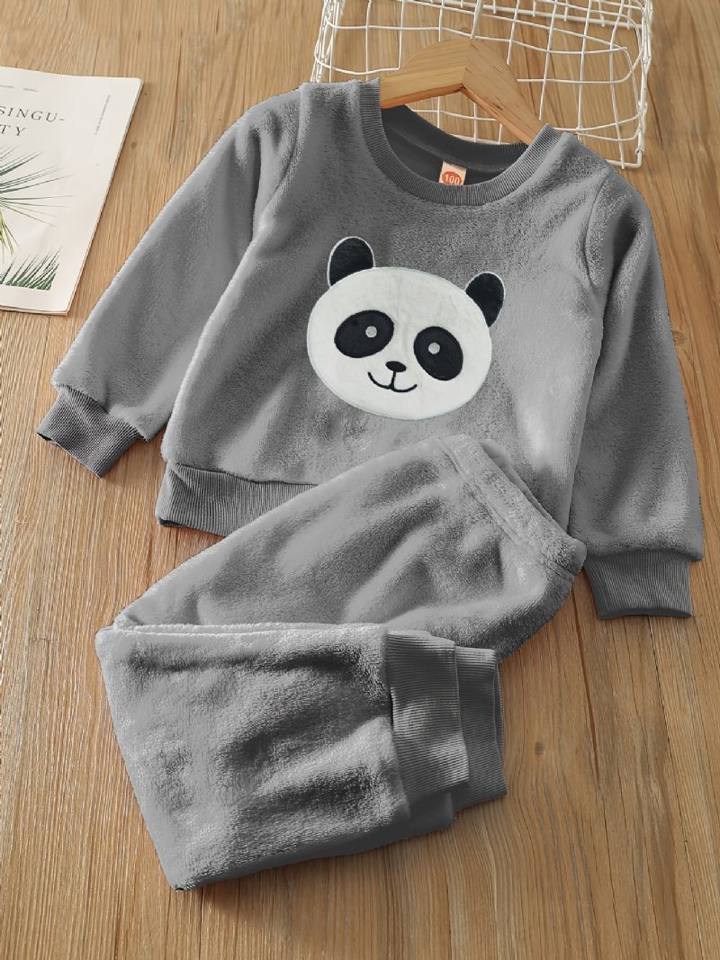 Gutter Fleece Panda Langermet Pullover Topp + Buksesett Barneklær