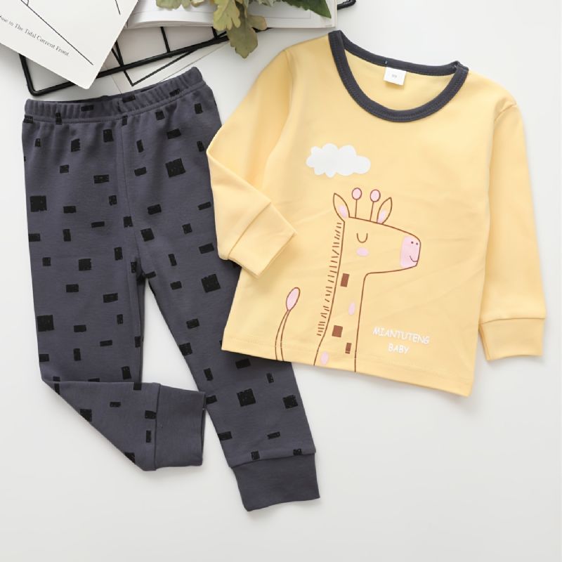 Gutter Giraffe Print Rundhals Langermet Bukser Pyjamas Set