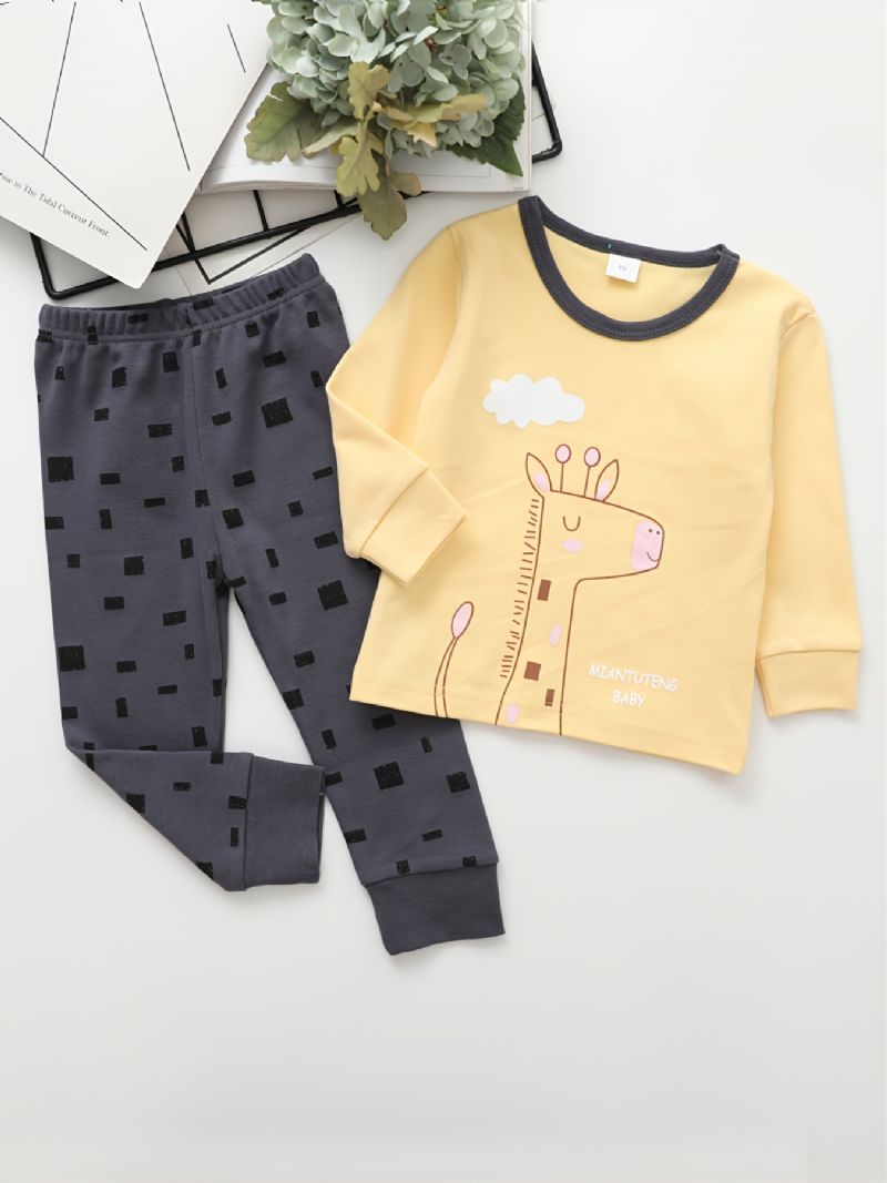 Gutter Giraffe Print Rundhals Langermet Bukser Pyjamas Set