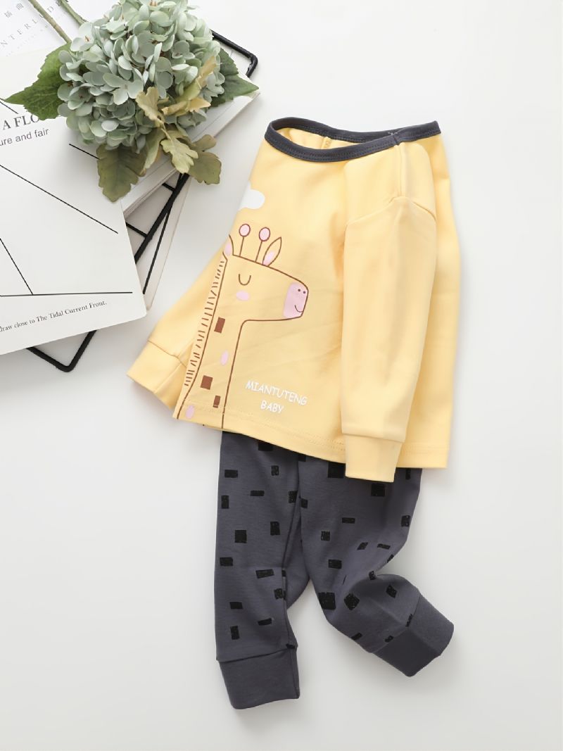 Gutter Giraffe Print Rundhals Langermet Bukser Pyjamas Set