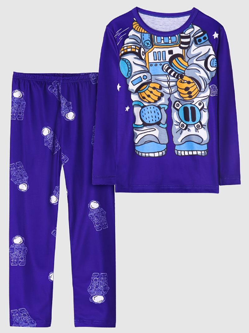 Gutter Pyjamas Astronaut Print Rundhals Langermet Topp & Buksesett