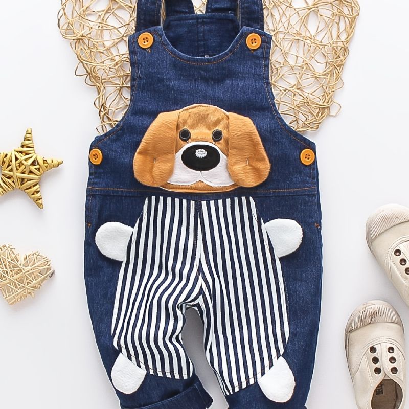 Gutter Søt Casual Cartoon Denim Bib Bukser Med Hunde Print For Høst Vinter Barneklær