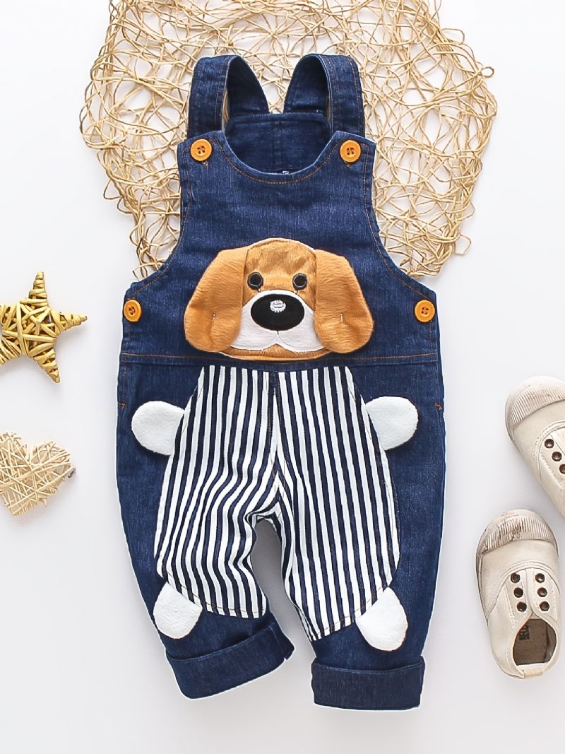 Gutter Søt Casual Cartoon Denim Bib Bukser Med Hunde Print For Høst Vinter Barneklær