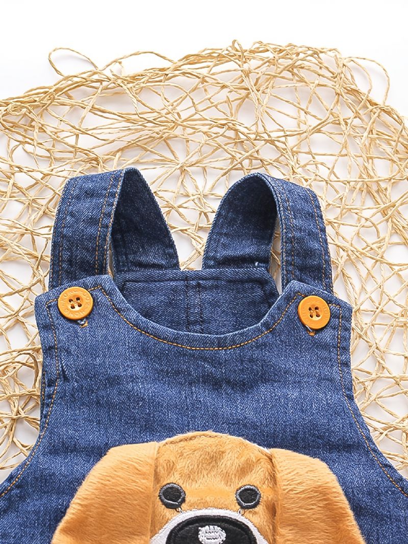 Gutter Søt Casual Cartoon Denim Bib Bukser Med Hunde Print For Høst Vinter Barneklær