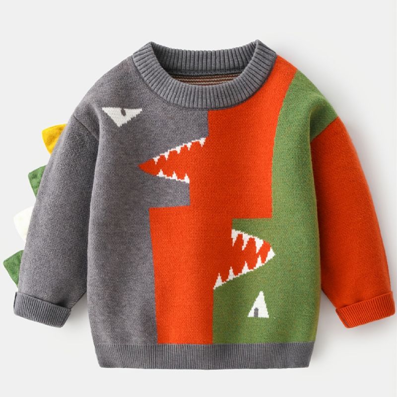 Gutter Dinosaur Genser Rundhals Langermet Spleising Strikket Pullover Barneklær