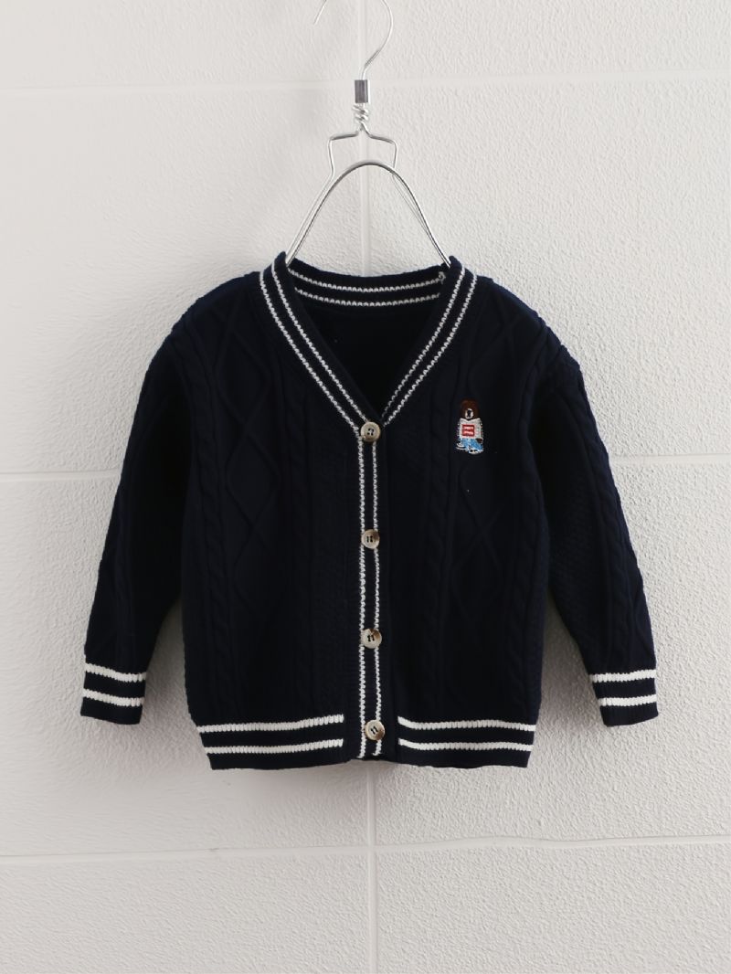 Gutter Jenter Strikket Cardigan Bear Broderi College Style Genser Barneklær