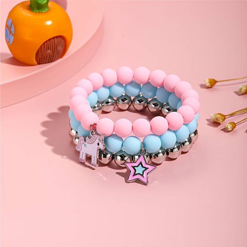 Sett Med 3 Barnesmykker Candy Color Beaded Armbånd Unicorn Barnearmbånd