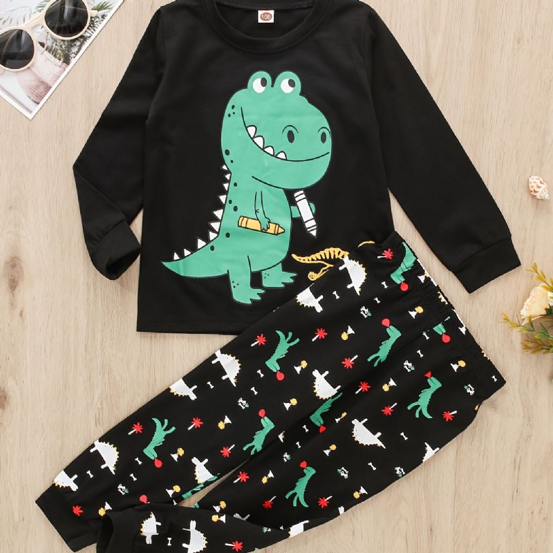 2 Stk Baby Gutter Dinosaur Print Rund Hals Langermet T-skjorte Topper Og Bukser Barneklær Sett