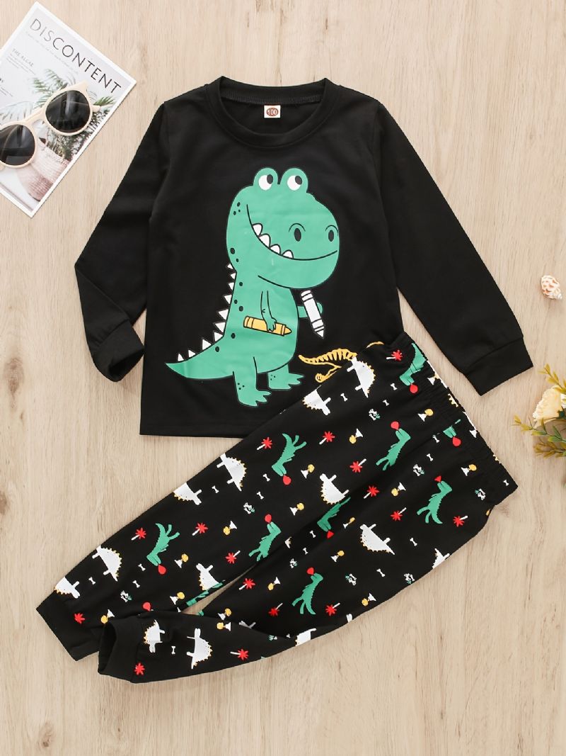 2 Stk Baby Gutter Dinosaur Print Rund Hals Langermet T-skjorte Topper Og Bukser Barneklær Sett