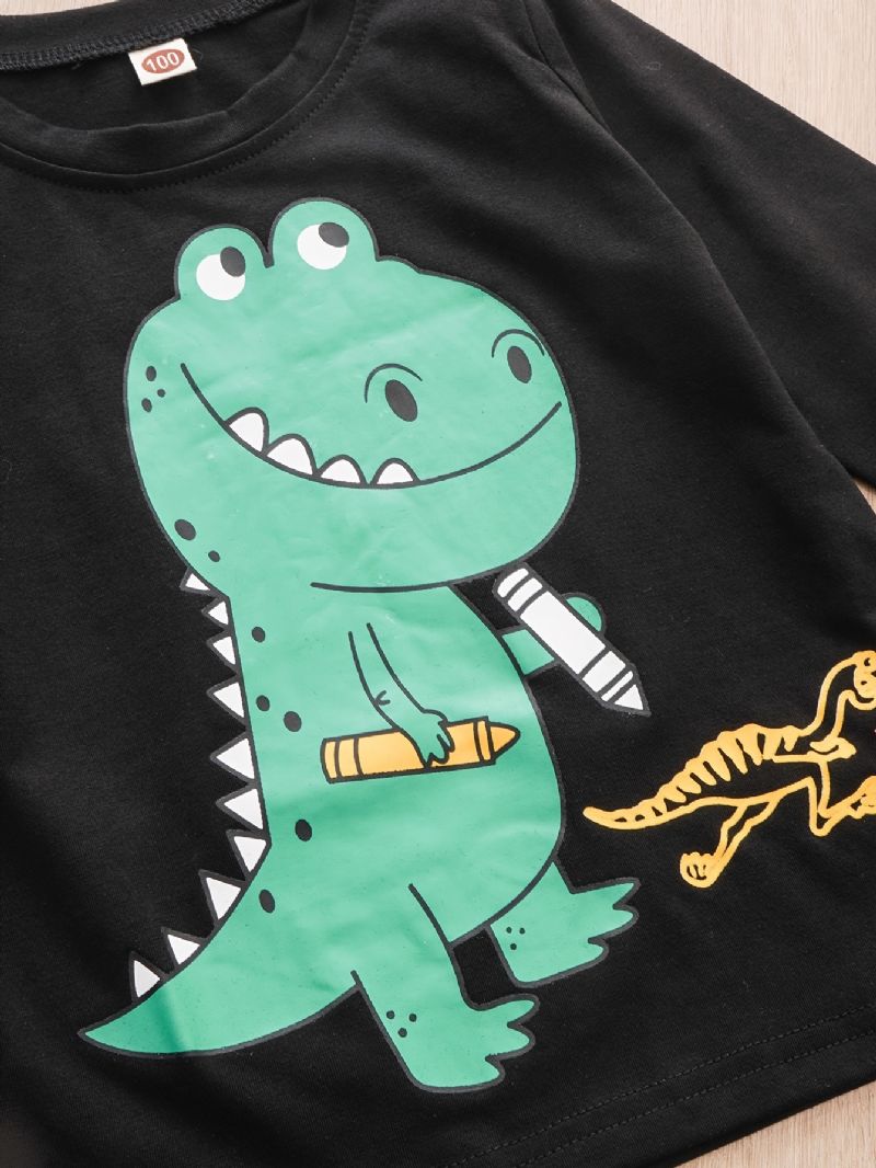 2 Stk Baby Gutter Dinosaur Print Rund Hals Langermet T-skjorte Topper Og Bukser Barneklær Sett