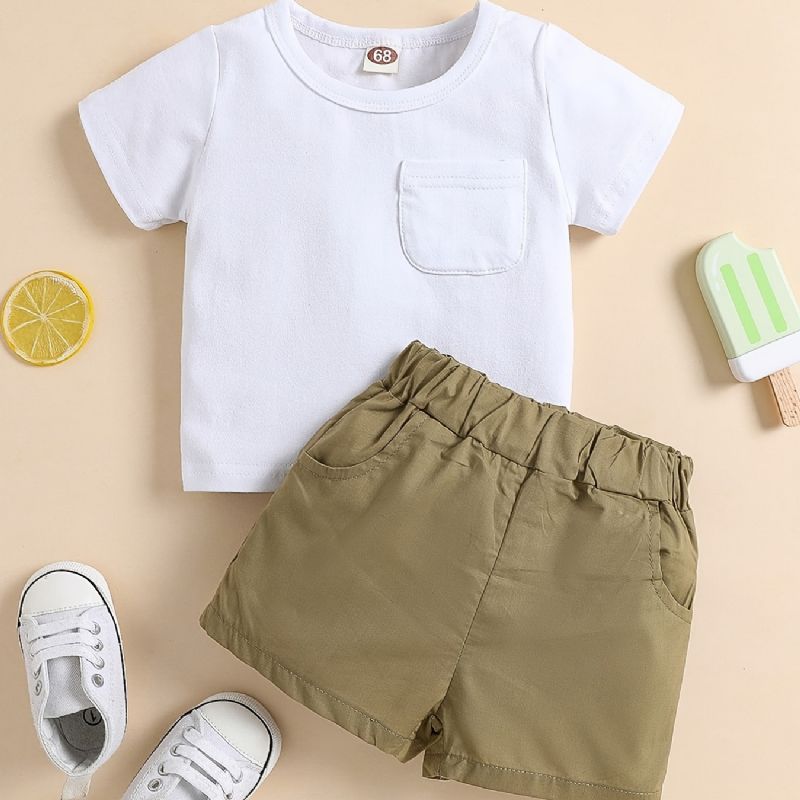 Baby Gutter Casual T-skjorte I Solid Bomull Og Shorts Med Elastisk Midje