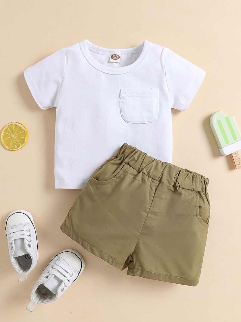 Baby Gutter Casual T-skjorte I Solid Bomull Og Shorts Med Elastisk Midje