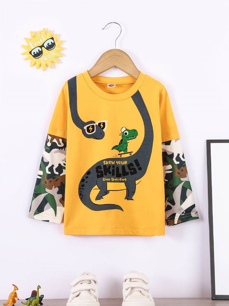 Baby Gutter Spleising Langermet T-skjorte Dinosaur Print Rundhals Bottoming Topp