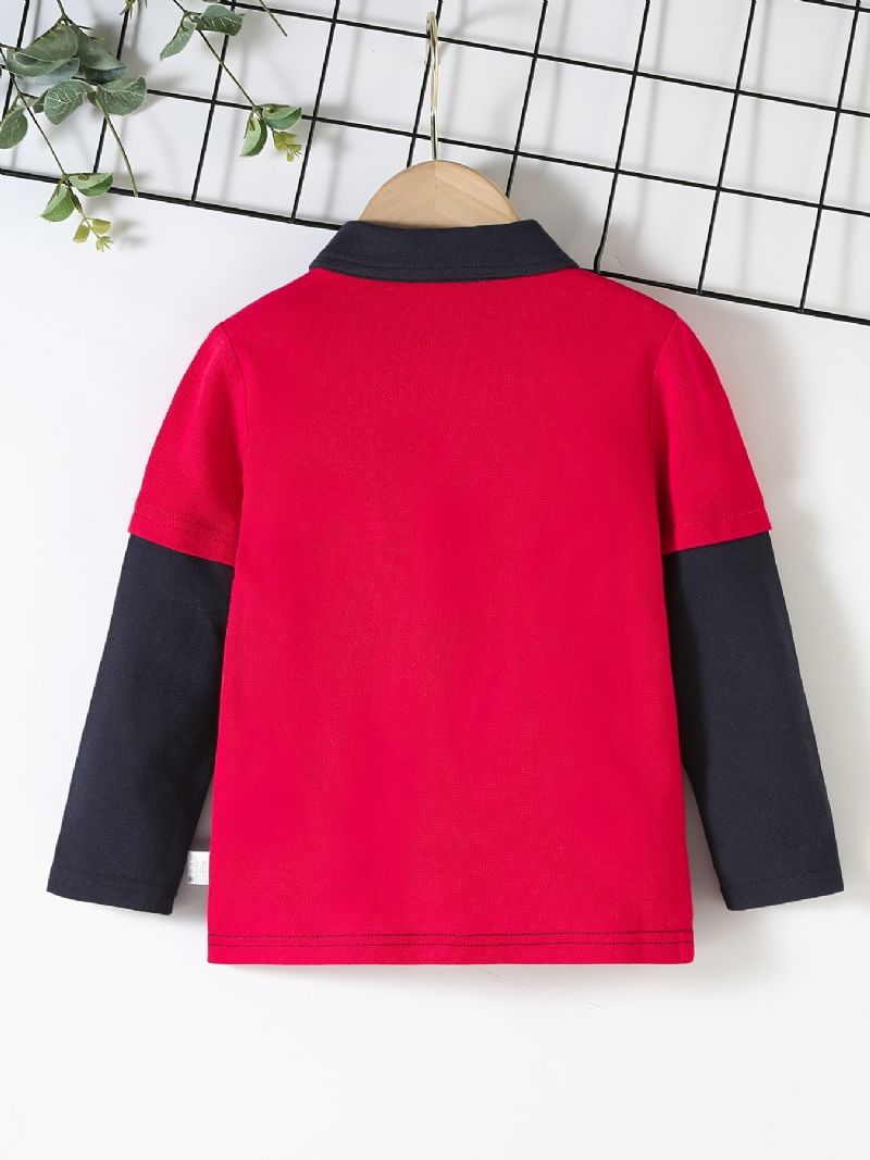 Gutter Casual Color Block Bomull Polo Neck Langermet T-skjorte Med Eagle Brodery