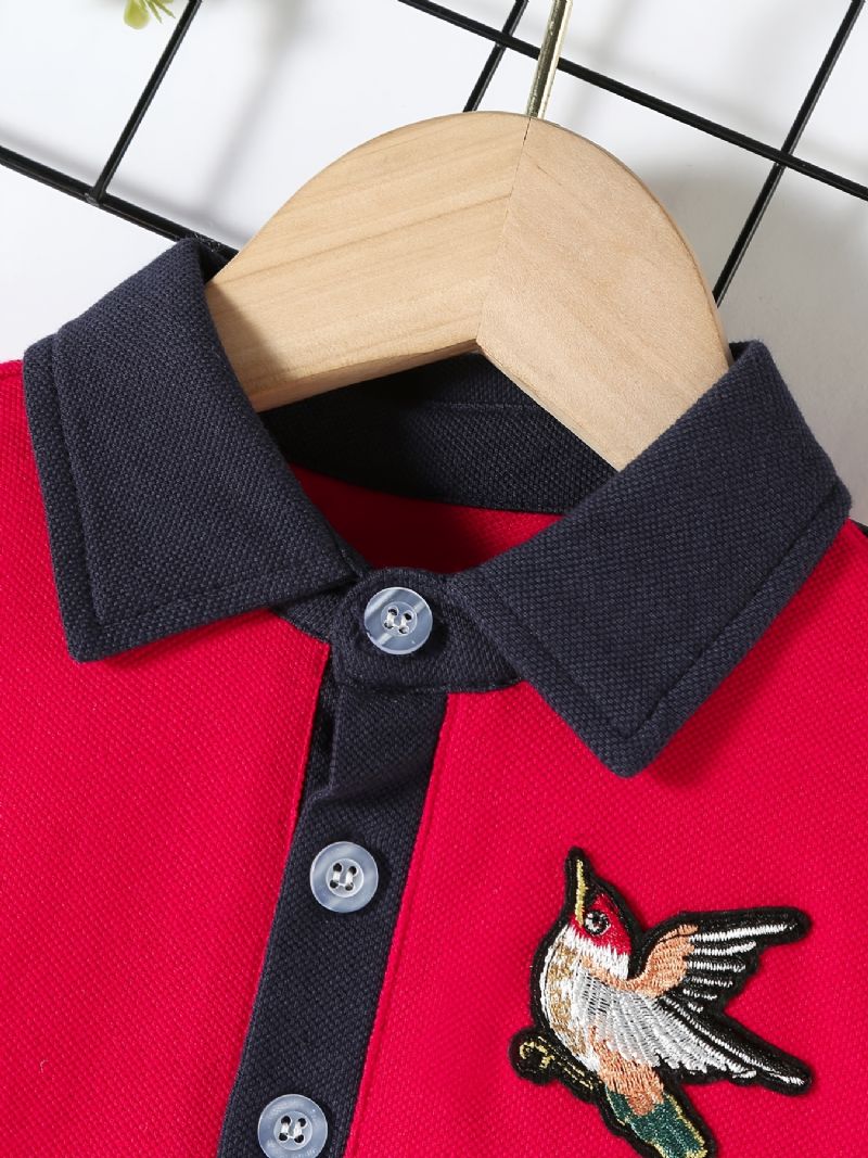 Gutter Casual Color Block Bomull Polo Neck Langermet T-skjorte Med Eagle Brodery