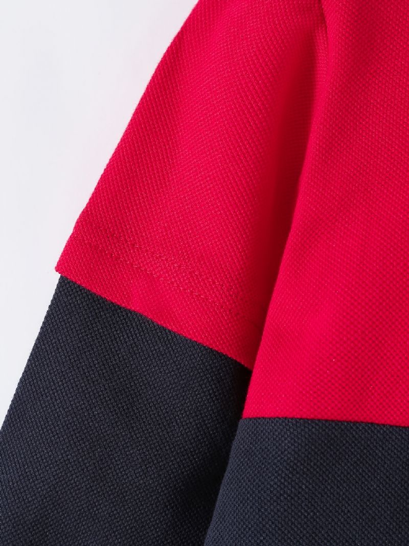 Gutter Casual Color Block Bomull Polo Neck Langermet T-skjorte Med Eagle Brodery