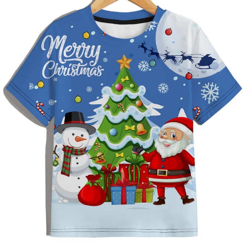 Gutter T-skjorte Med Rund Hals Casual Crop Sleeve 3d-mønster Digital Print Christmas Tee