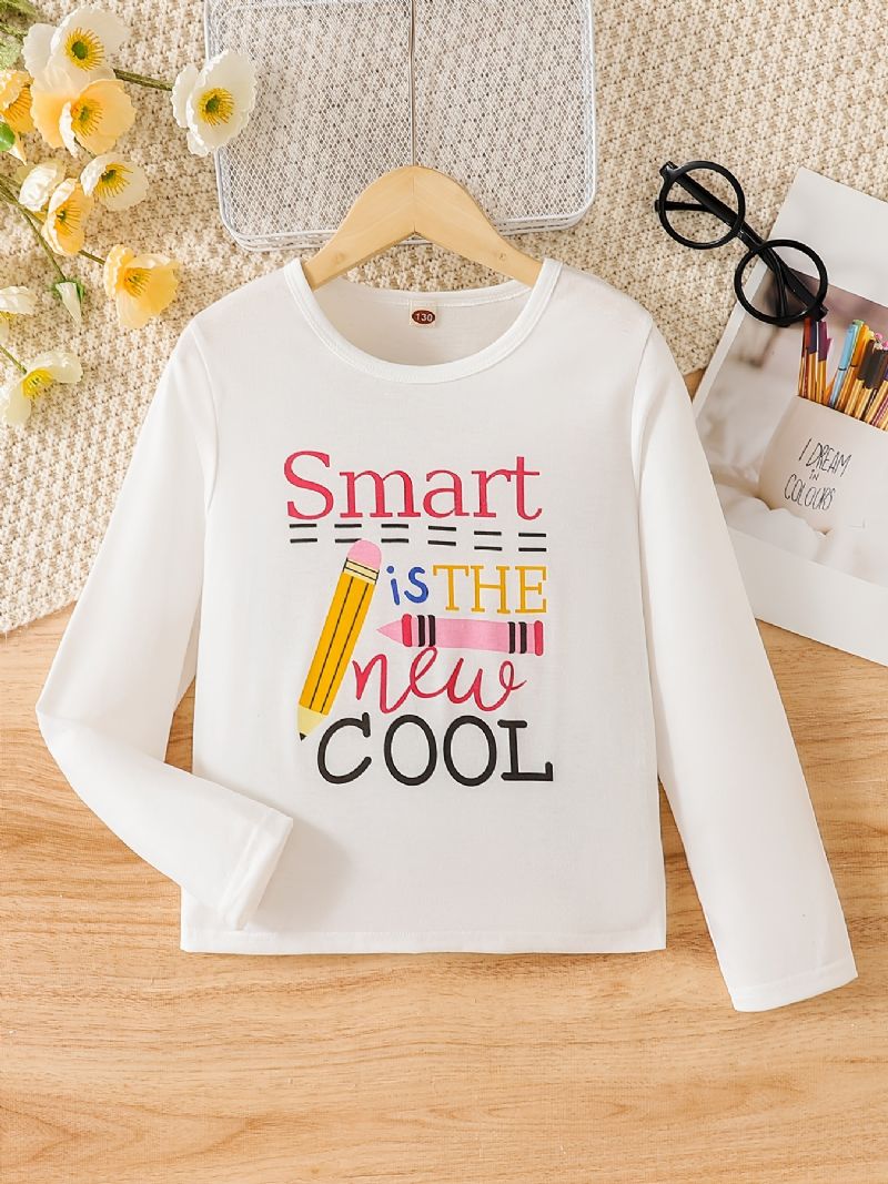 Jenter Søt Blyant Letter Print T-skjorte Crew Neck Langermet Topper For Winter White