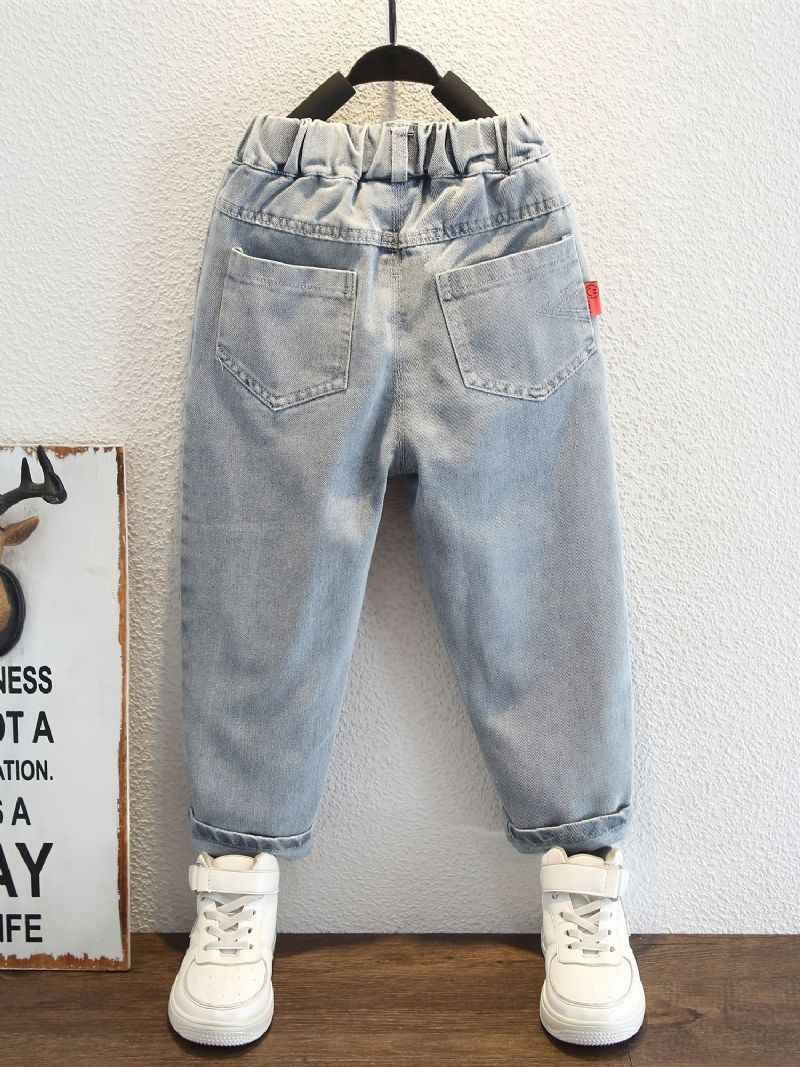 Baby Gutter Jeans Elastisk Midje Dinosaur Print Dongeribukser Barneklær