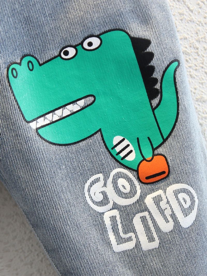 Baby Gutter Jeans Elastisk Midje Dinosaur Print Dongeribukser Barneklær