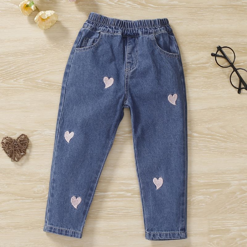 Baby Jenter Jeans Casual Hjerte Broderi Bukser Barneklær