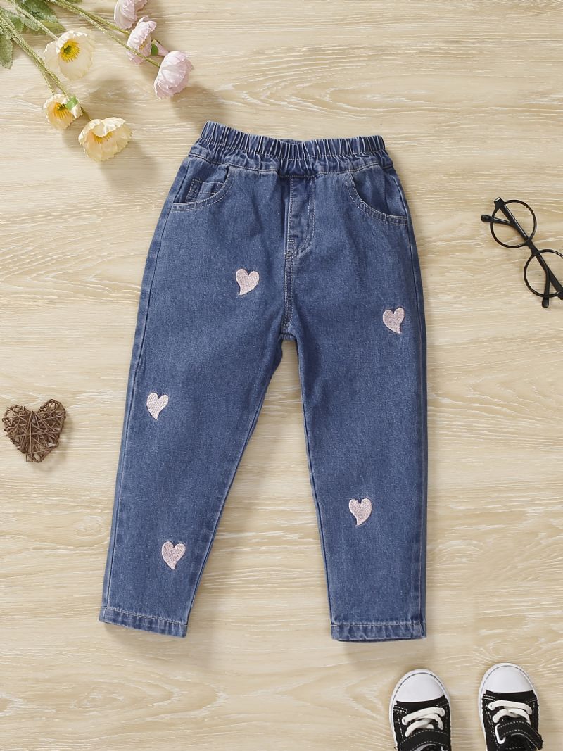 Baby Jenter Jeans Casual Hjerte Broderi Bukser Barneklær