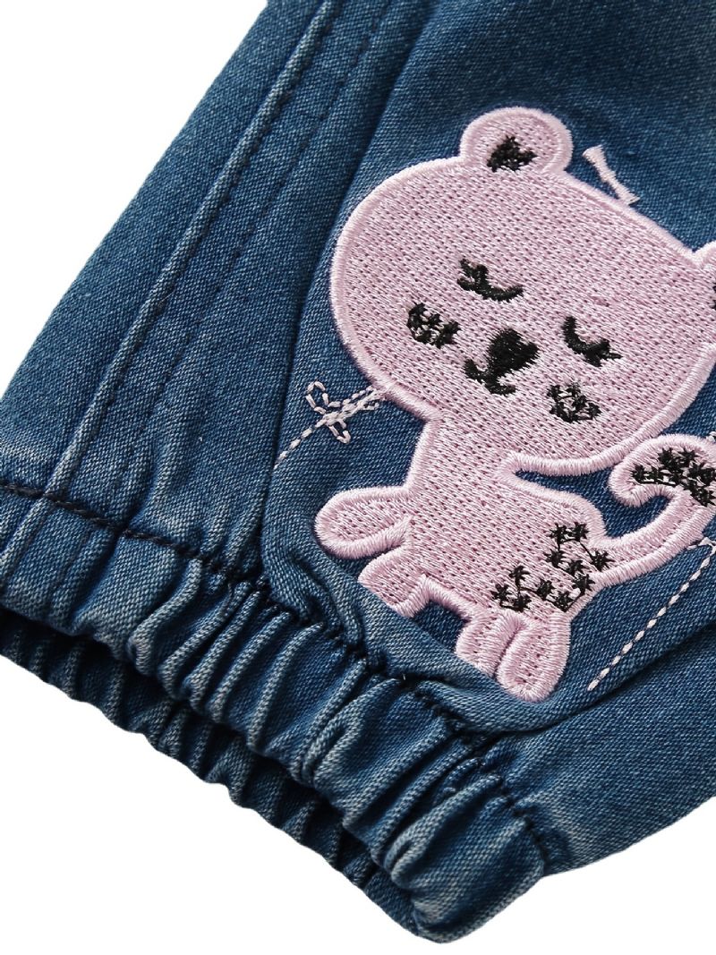 Baby Jenter Jeans Elastisk Midje Kattbroderte Bukser Barneklær