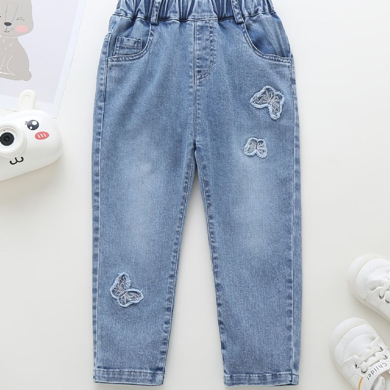 Babyjenter Avsmalnende Jeans Med Sommerfugltrykk Elastisk Linning Til Høst Og Vinter Ny