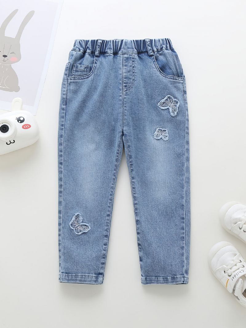 Babyjenter Avsmalnende Jeans Med Sommerfugltrykk Elastisk Linning Til Høst Og Vinter Ny