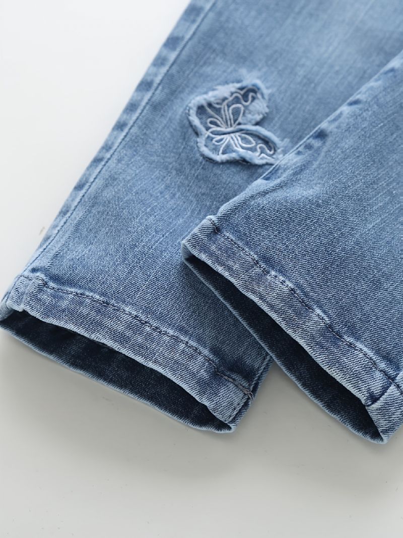 Babyjenter Avsmalnende Jeans Med Sommerfugltrykk Elastisk Linning Til Høst Og Vinter Ny