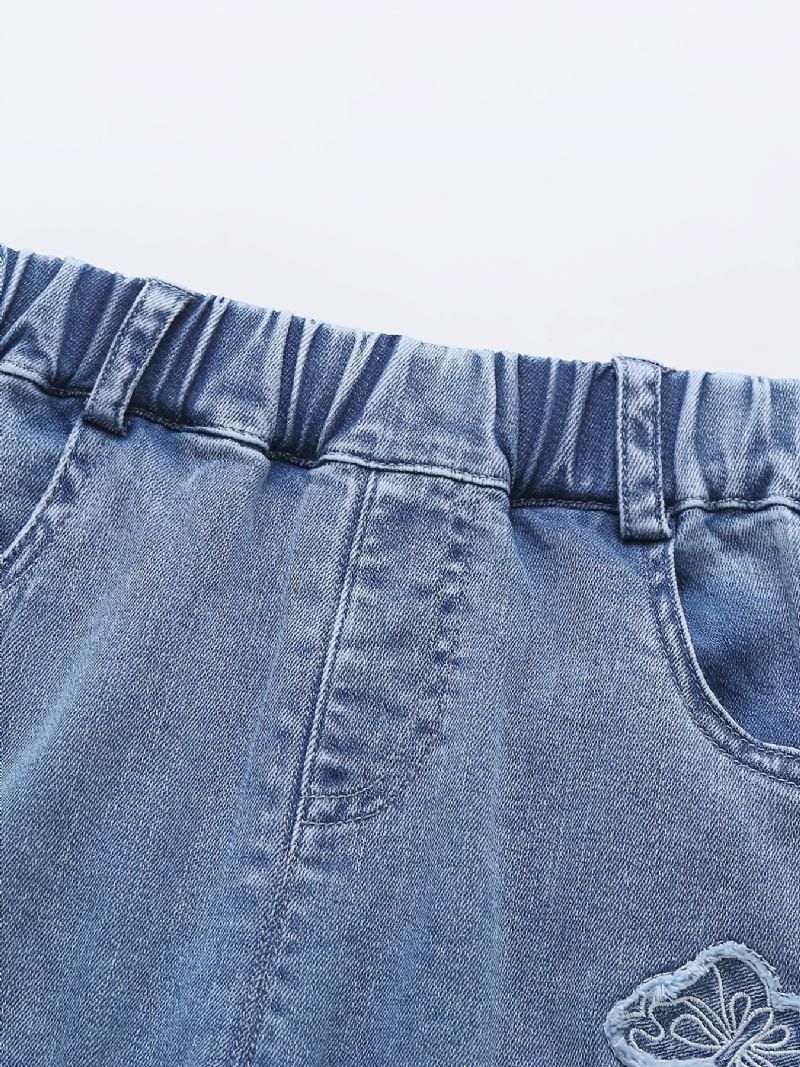 Babyjenter Avsmalnende Jeans Med Sommerfugltrykk Elastisk Linning Til Høst Og Vinter Ny