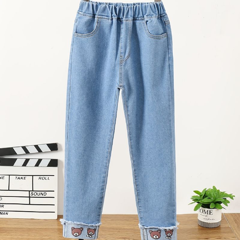 Barn Jenter Casual Denim Cartoon Bear Print Jeans Vår Høst