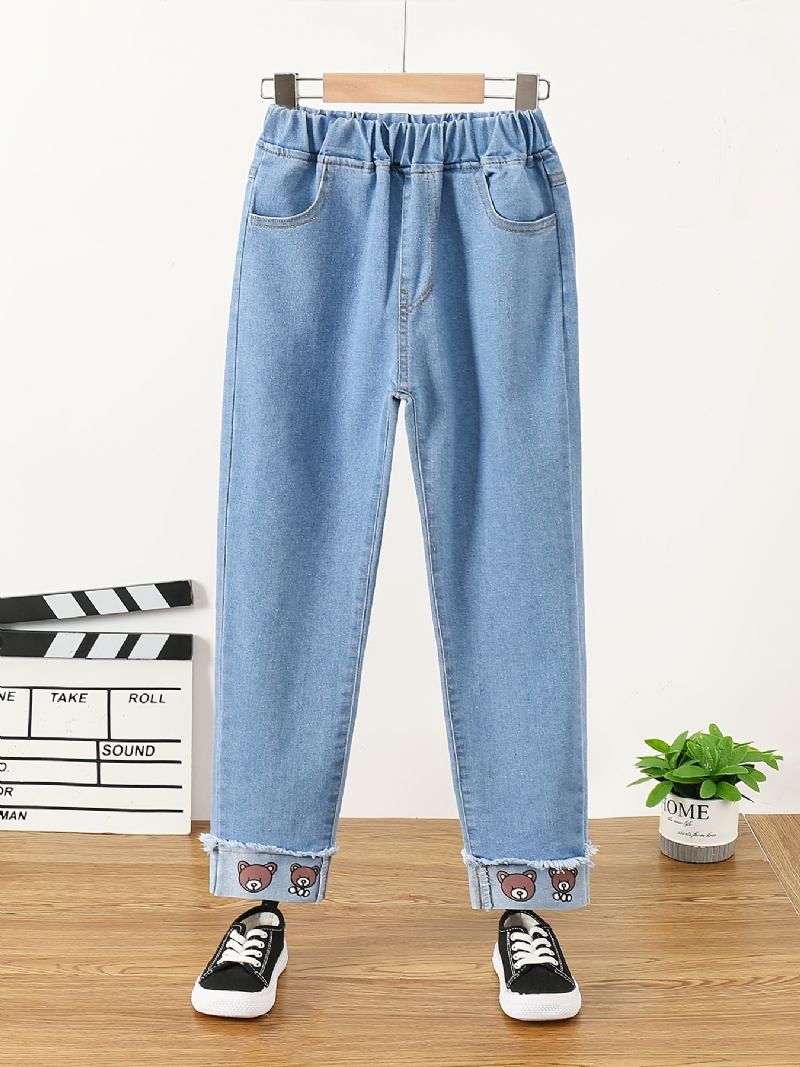 Barn Jenter Casual Denim Cartoon Bear Print Jeans Vår Høst