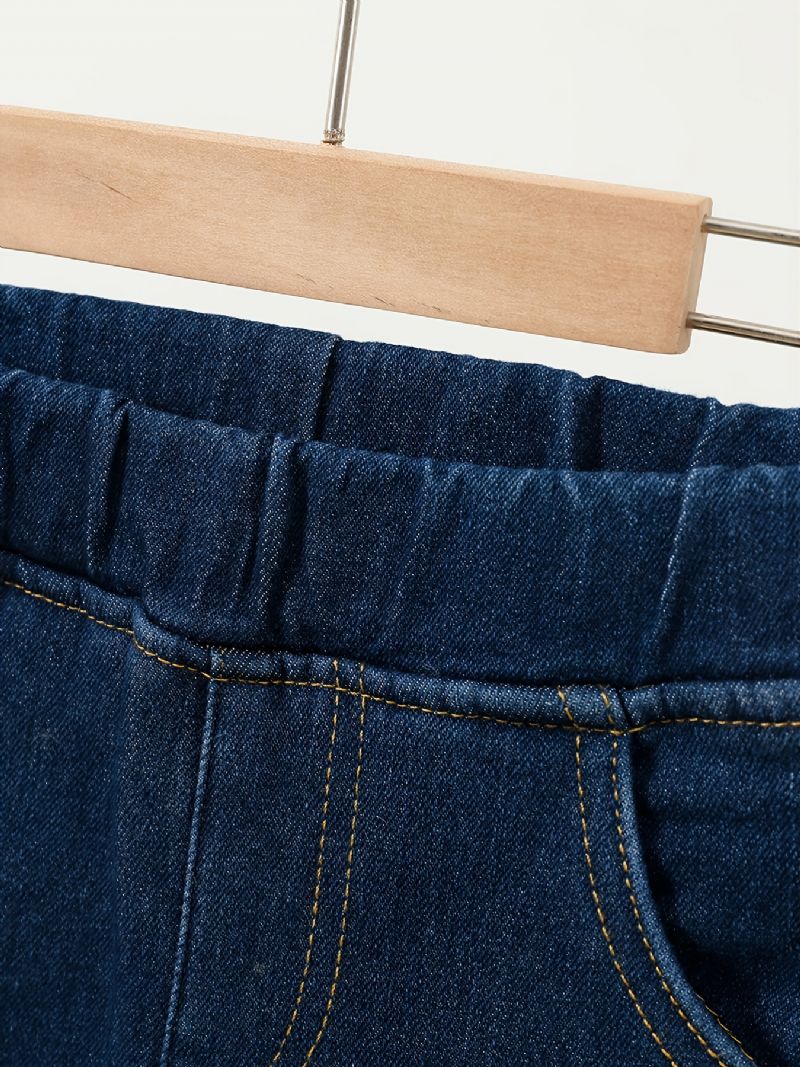 Barn Jenter Denim Plysj Varme Jeans Broderi Tegneserie Høst Vinter