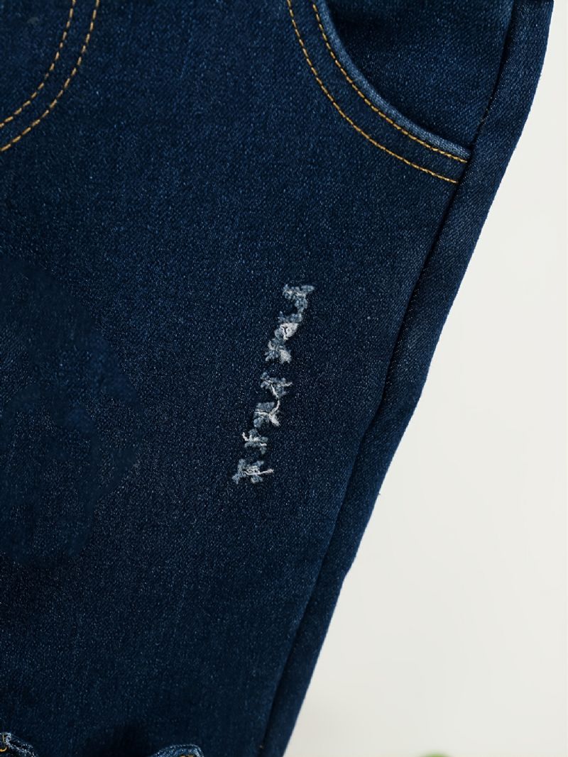 Barn Jenter Denim Plysj Varme Jeans Broderi Tegneserie Høst Vinter