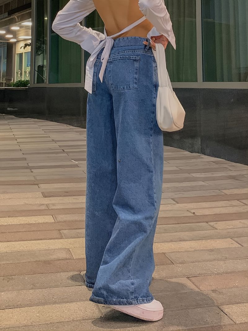 Dame Uformelle Baggy Dongeribukser Med Brede Ben. Jeans I Y2k-stil Solide Ben