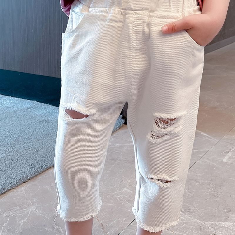 Ensfarget Casual Ripped Denimbukser For Små Baby Jenter