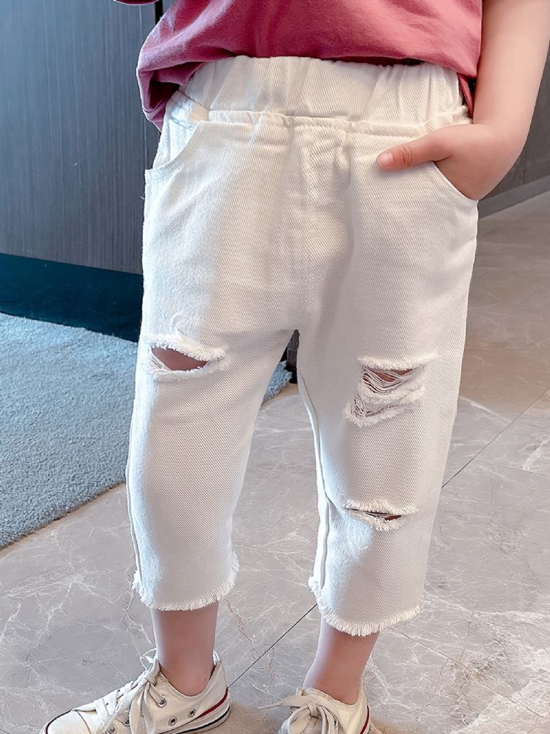 Ensfarget Casual Ripped Denimbukser For Små Baby Jenter