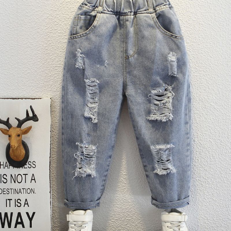 Gutter Casual Ripped Jeans Elastisk Midje Dongeribukser