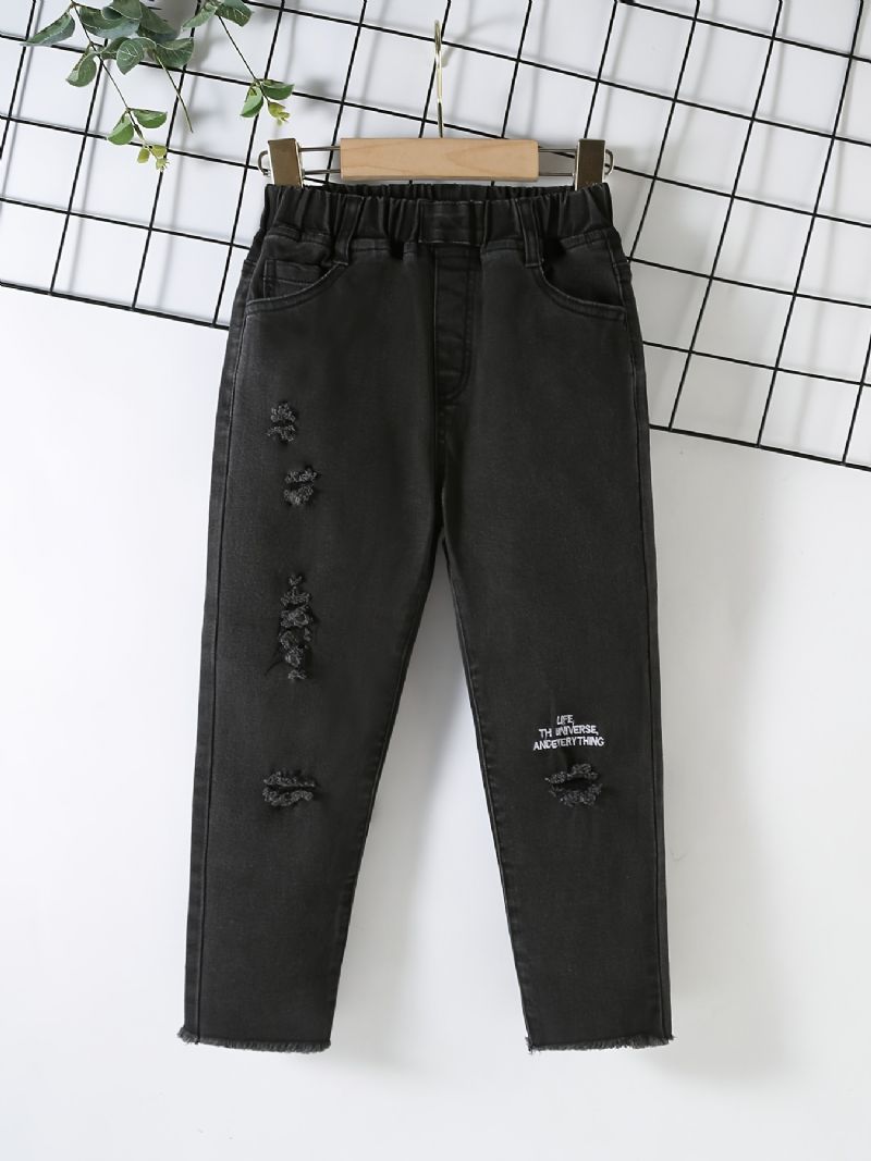 Gutter Casual Solid Ripped Letter Print Denim Jeans Med Elastisk Midje For Winter Black