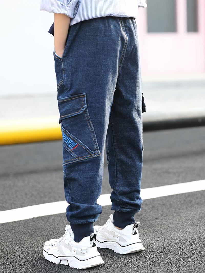 Gutter Stretch Tapered Cargo Denim Jeans Med Elastisk Linning Barneklær