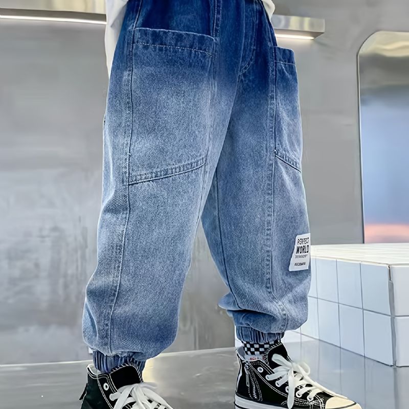 Gutter Tapered Cargo Denim Jeans Med Elastisk Linning Barneklær