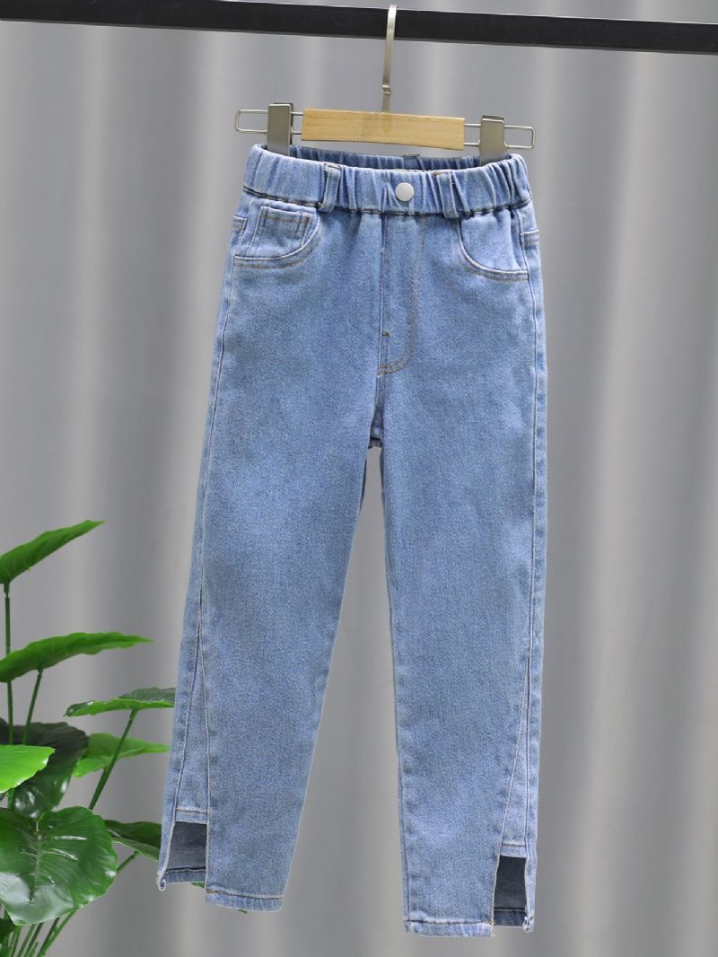 Jente Solid Denim Elegante Jeans Med Sidelommer Uformelle Bukser